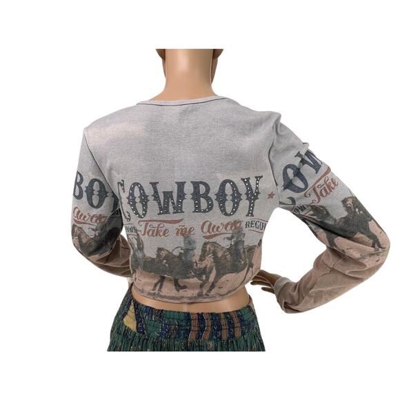 NWOT Urban Outfitters Cowboy Long Sleeve Crop Top L Western Y2K Cowgirl Boho - Picture 2 of 9